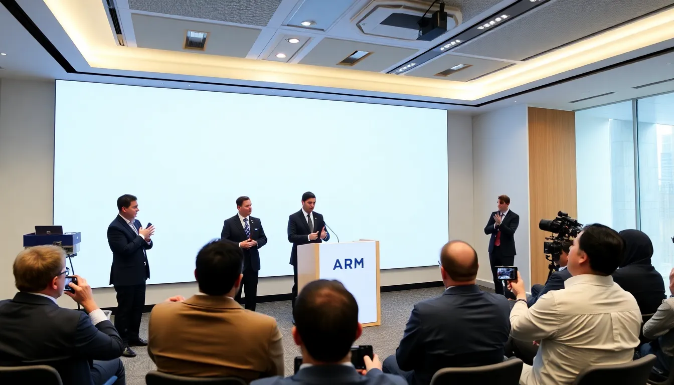 Arm Holdings executives announce the company's new strategy to sell its own computer chips during a press conference, highlighting the shift from licensing to direct production.