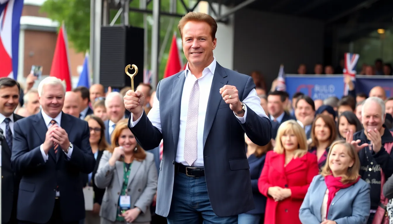 Arnold Schwarzenegger stands on stage in Belfast, holding a key to the city while surrounded by enthusiastic fans and local officials during a ceremony honoring his contributions to film and philanthropy.