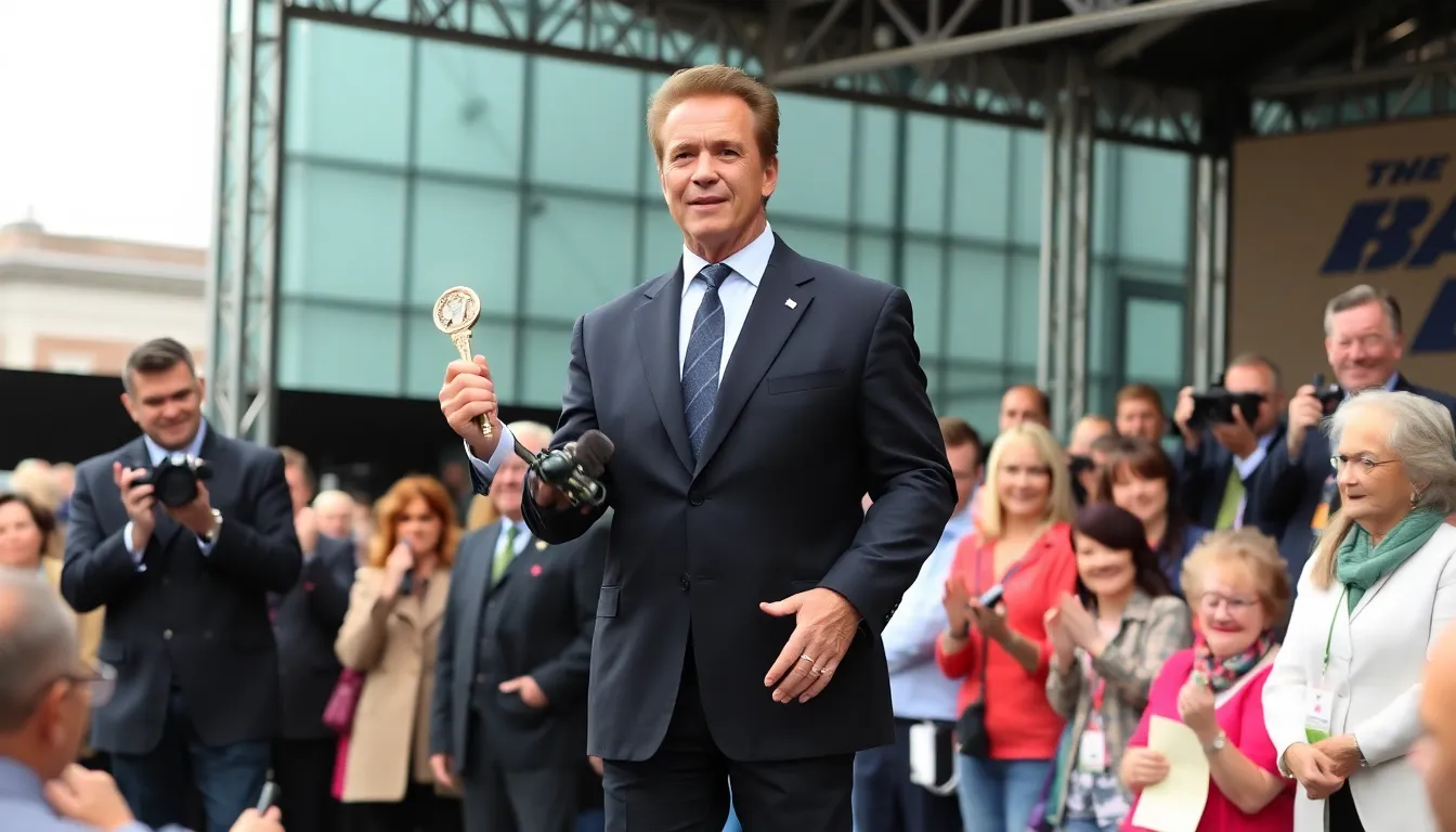 A crowd gathers to witness Arnold Schwarzenegger's visit, highlighting the excitement and community engagement surrounding his presence in Belfast