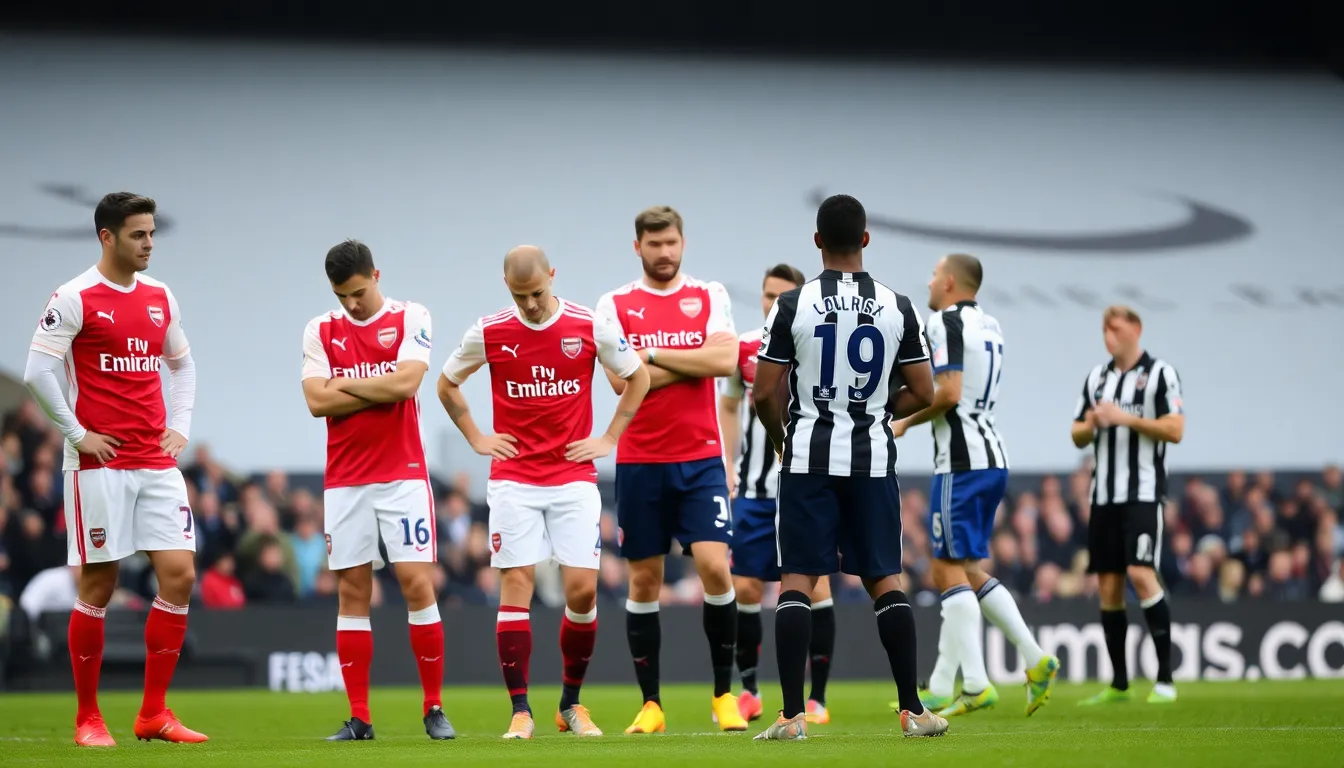 Arsenal players look dejected on the pitch after conceding a goal from a corner kick during their match against Newcastle United at St. James' Park.