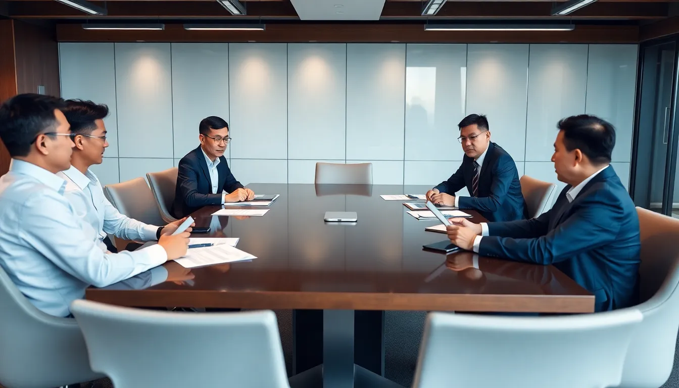 Asian business leaders gather in a conference room, discussing strategies and concerns over the recent U.S. tariff ruling that impacts their operations and competitiveness in the market.