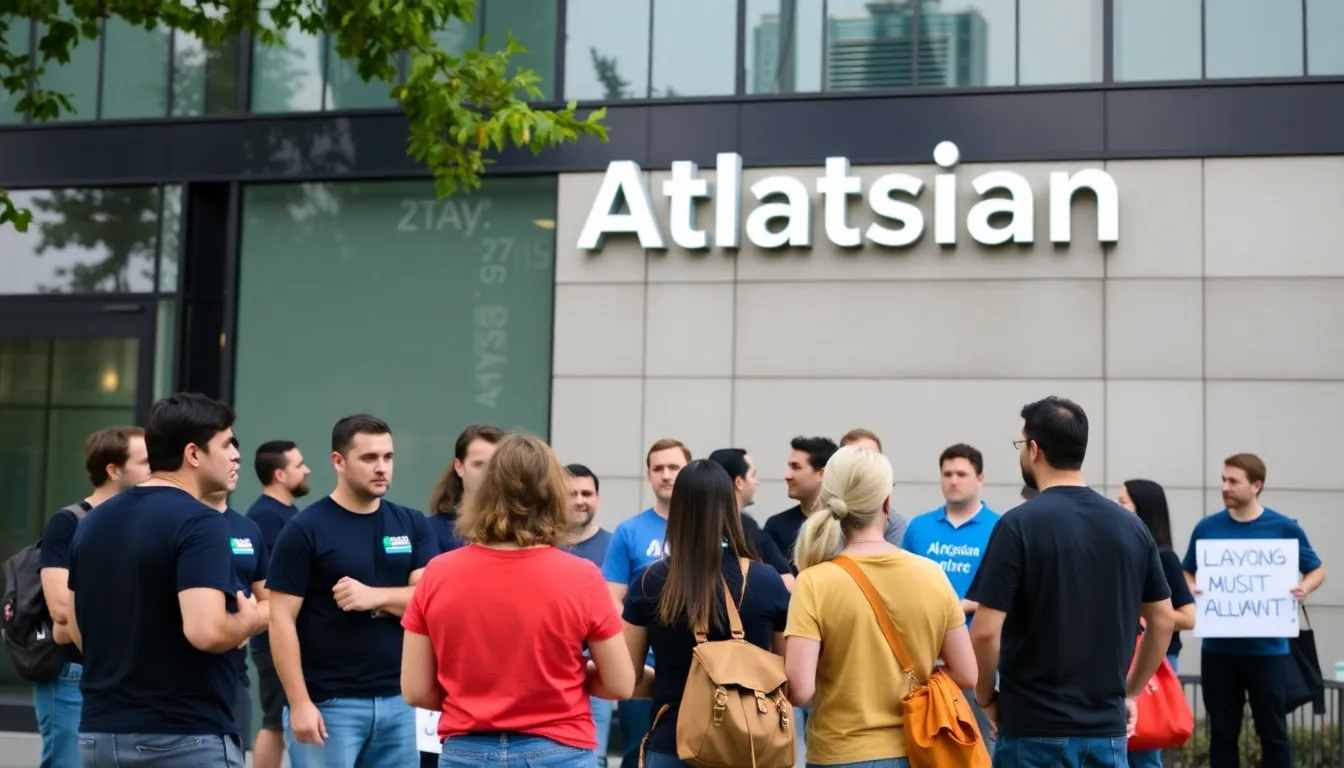 A group of Atlassian employees gathers outside the company's office, visibly concerned and discussing the recent announcement of layoffs affecting 1,600 workers.