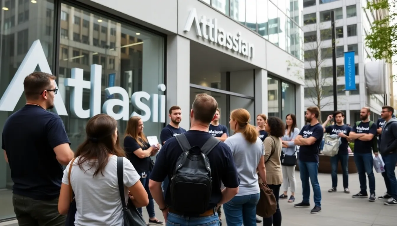 A bustling tech office environment filled with employees collaborating on software projects before the announcement of layoffs