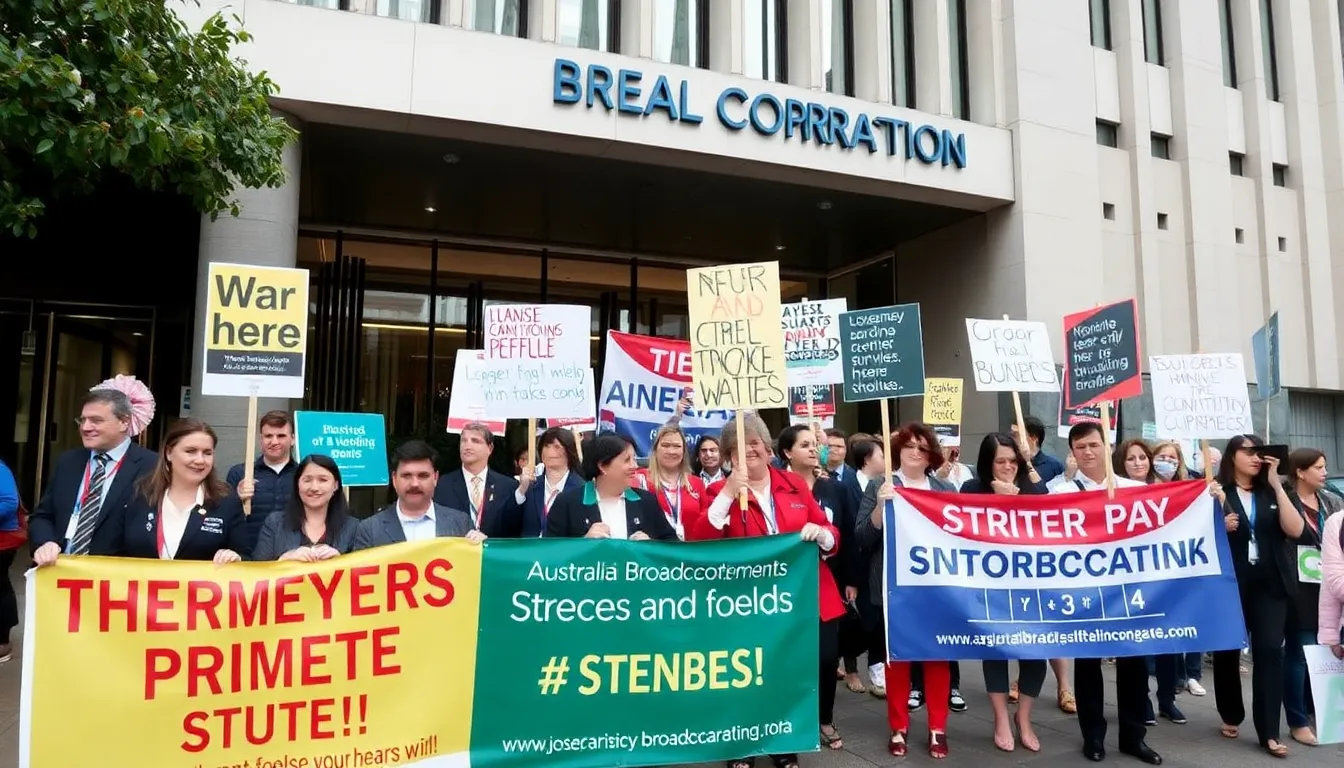 Journalists at the Australian Broadcasting Corporation gather outside the broadcaster's headquarters, holding signs and banners in solidarity during their strike for better pay and working conditions.