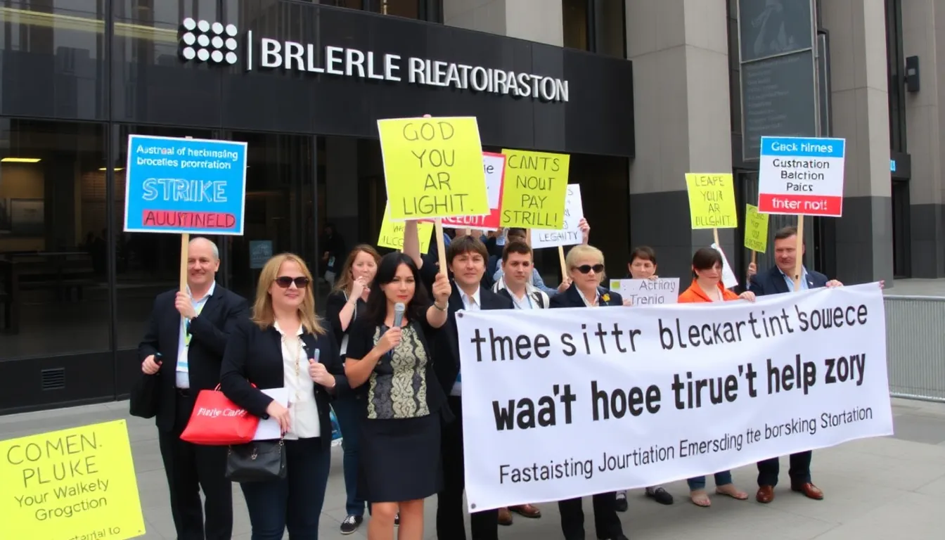 A closeup view of union representatives discussing strategies for the strike, emphasizing the importance of sustainable employment in public broadcasting