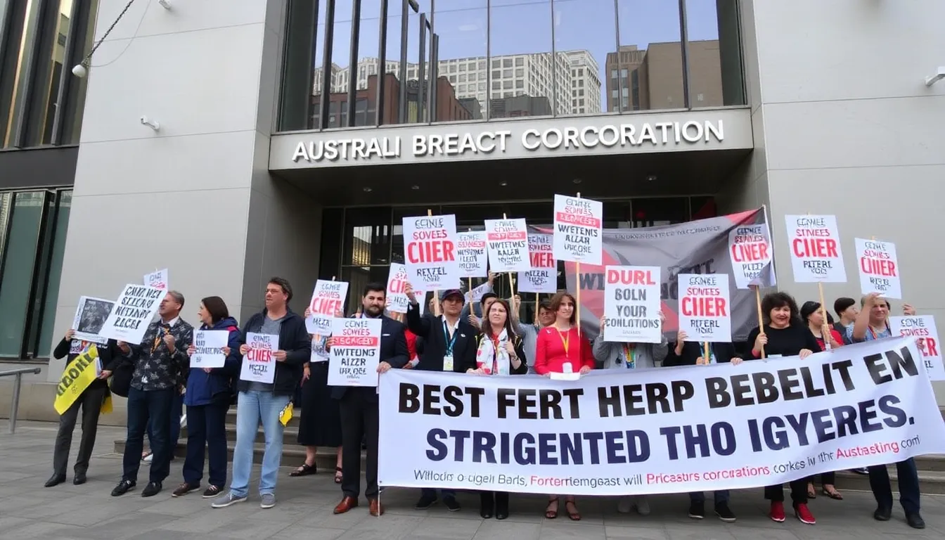 A group of ABC journalists stands together, united in their call for better working conditions, highlighting the challenges they face in the current media landscape
