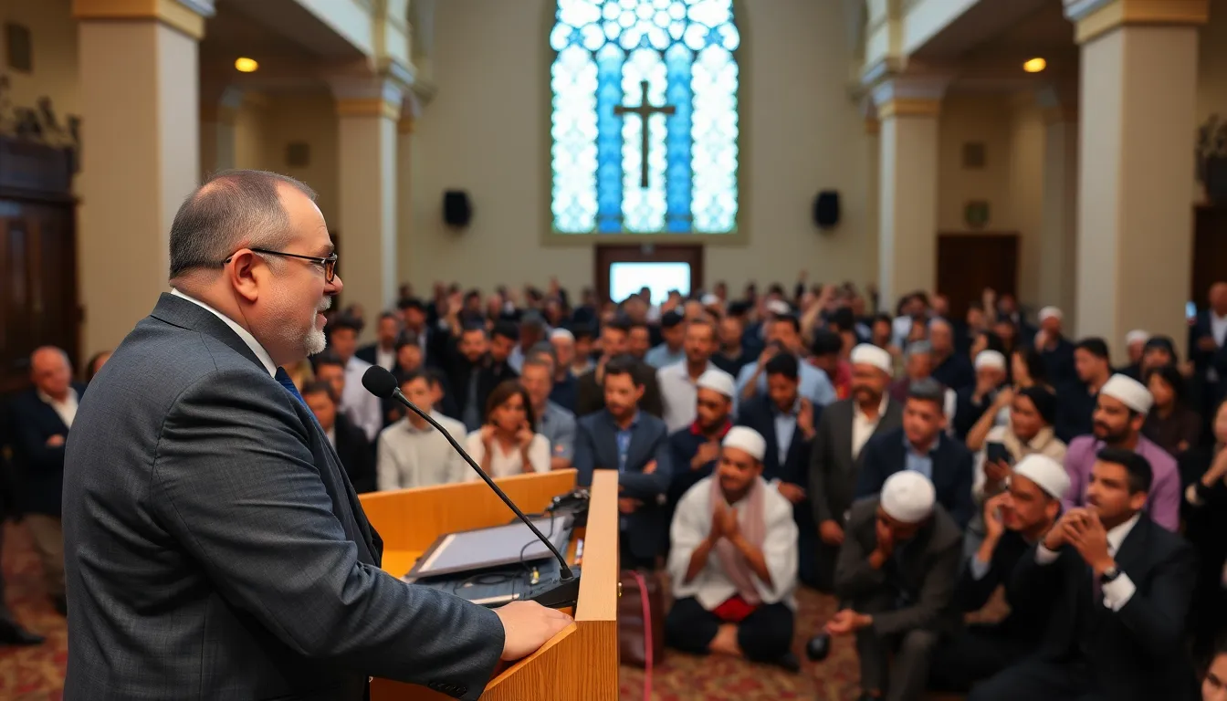 Australian Prime Minister Anthony Albanese stands at a podium inside a Sydney mosque as attendees express their discontent through heckling during a Ramadan event.
