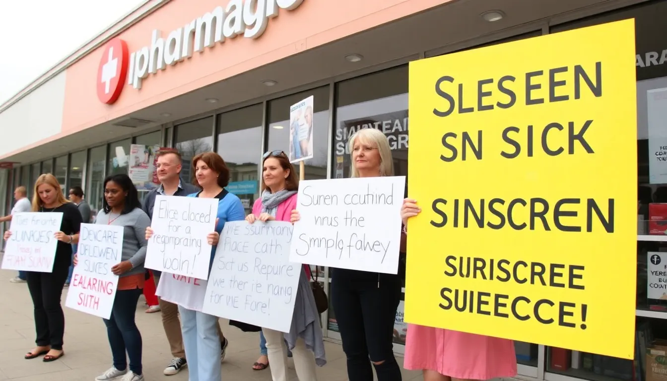 A group of concerned consumers gathers outside a pharmacy, holding signs advocating for stricter sunscreen regulations in response to a recent product scandal.