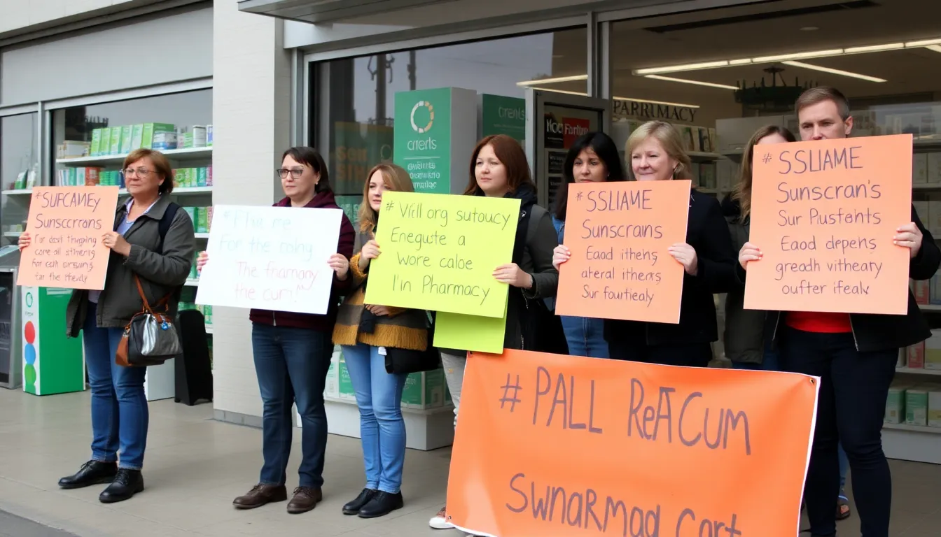 A group of concerned consumers examining sunscreen labels in a store, highlighting the need for transparency in product information