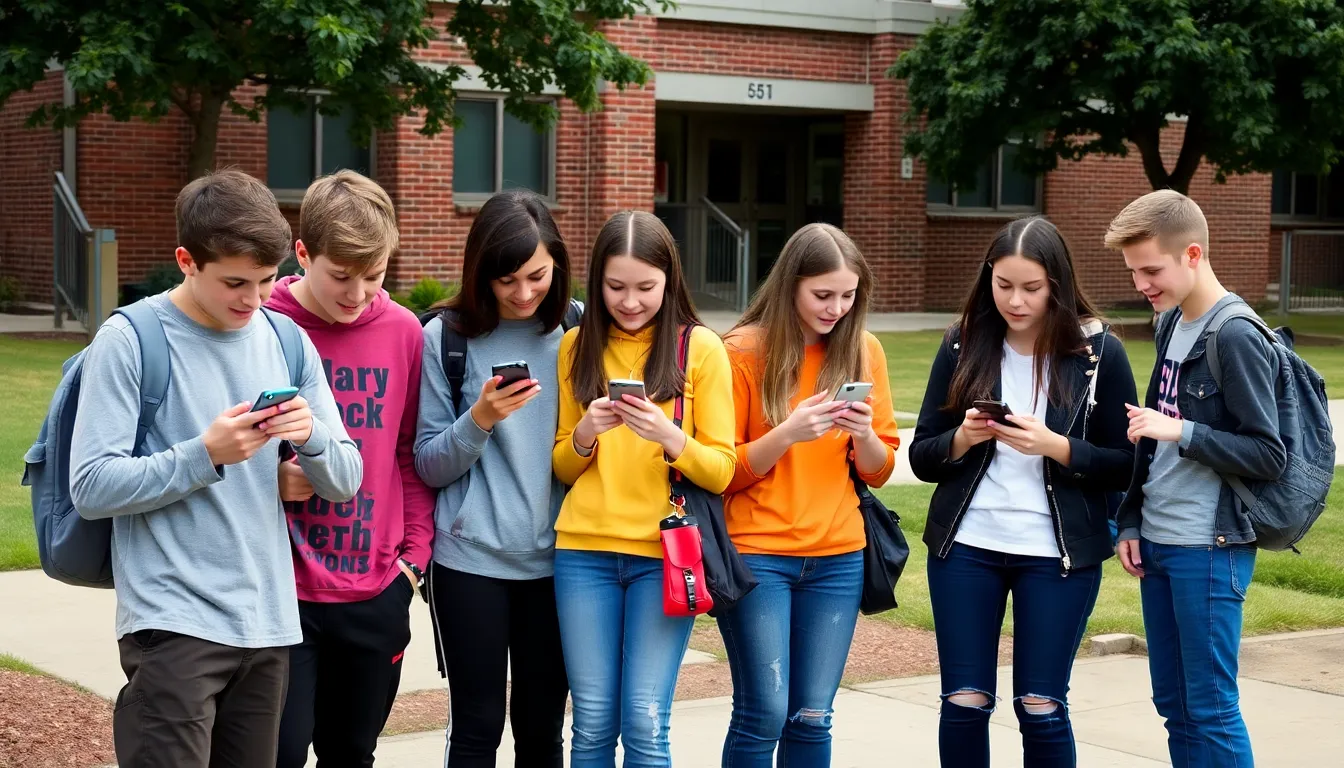 A group of teenagers stands outside a school, some looking at their phones while others engage in conversation, reflecting the ongoing debate about the impact of social media restrictions on youth social interactions.