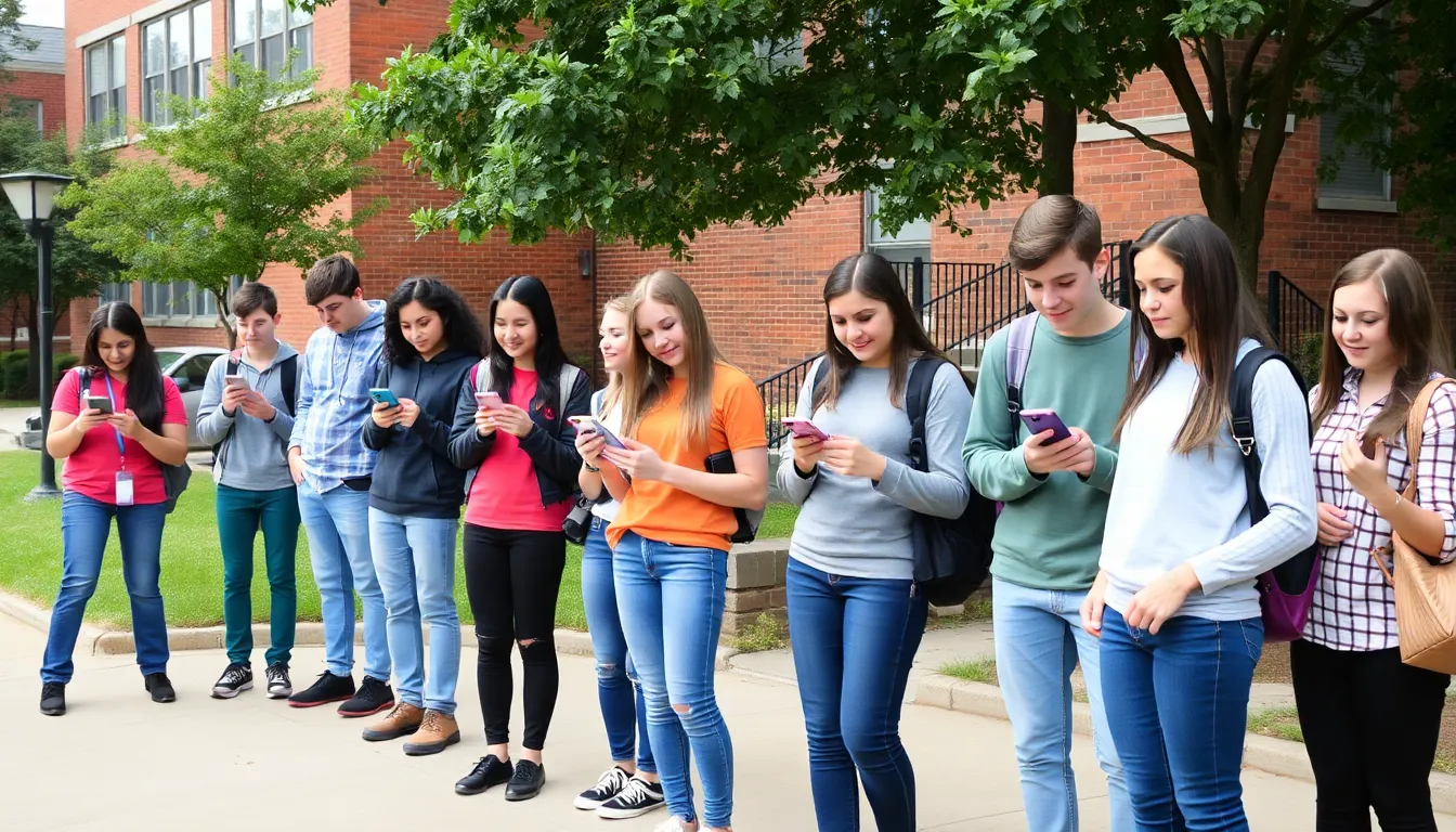A group of teenagers engaging in facetoface conversations during a school break, highlighting reduced screen time