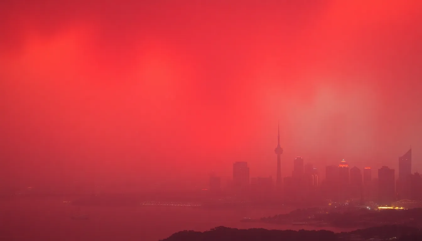The sky over Sydney is illuminated in a vivid blood red hue, casting an eerie glow over the city as smoke from nearby bushfires fills the atmosphere.