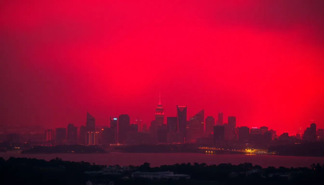 Residents peer out from their homes, concerned by the ominous crimson hue of the sky that signals increased health risks due to smoke and poor air quality
