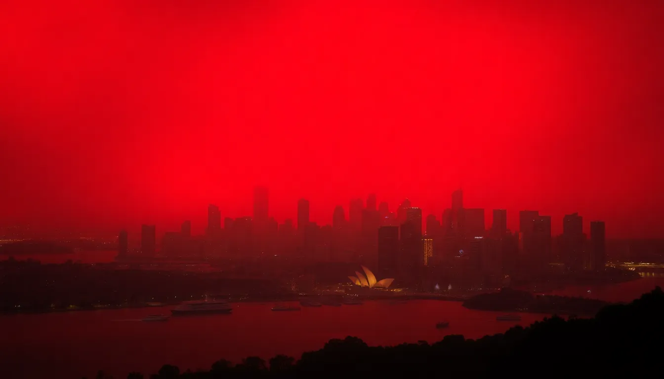 A local community gathers to discuss the implications of the striking red sky, reflecting on the psychological and environmental challenges posed by the ongoing bushfire season