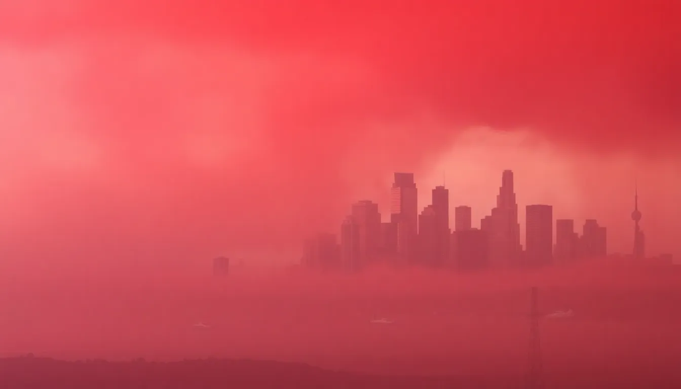 The landscape is shrouded in a dramatic red light, highlighting the devastating effects of climate change and wildfires on Australia's natural beauty and ecosystems