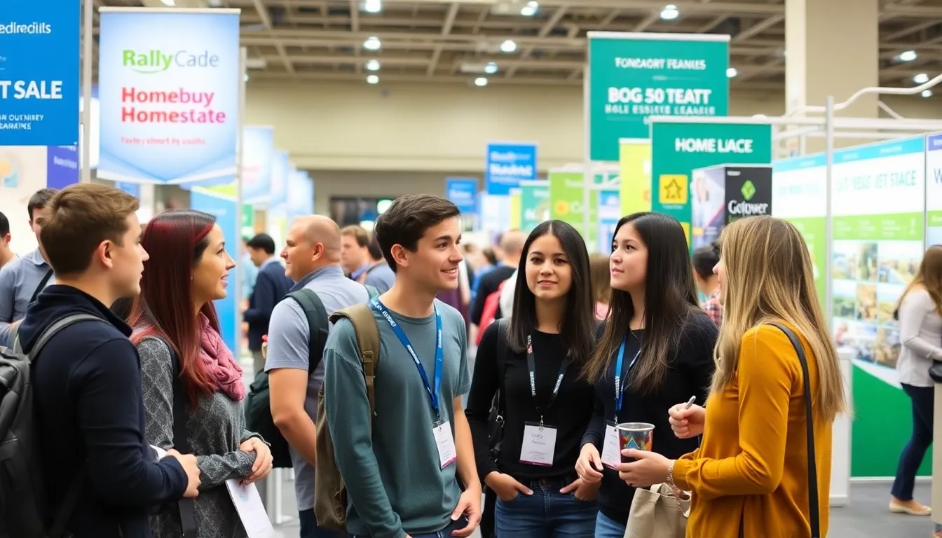A group of young adults discusses their homebuying options at a bustling real estate fair, surrounded by colorful banners and informational booths.