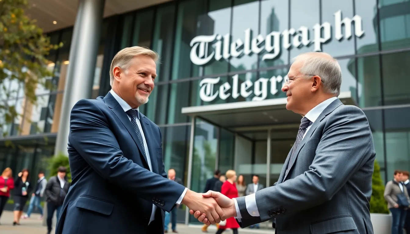 business executive from Axel Springer and a representative from the Telegraph shake hands in front of the newspaper's headquarters, symbolizing the agreement for the acquisition.