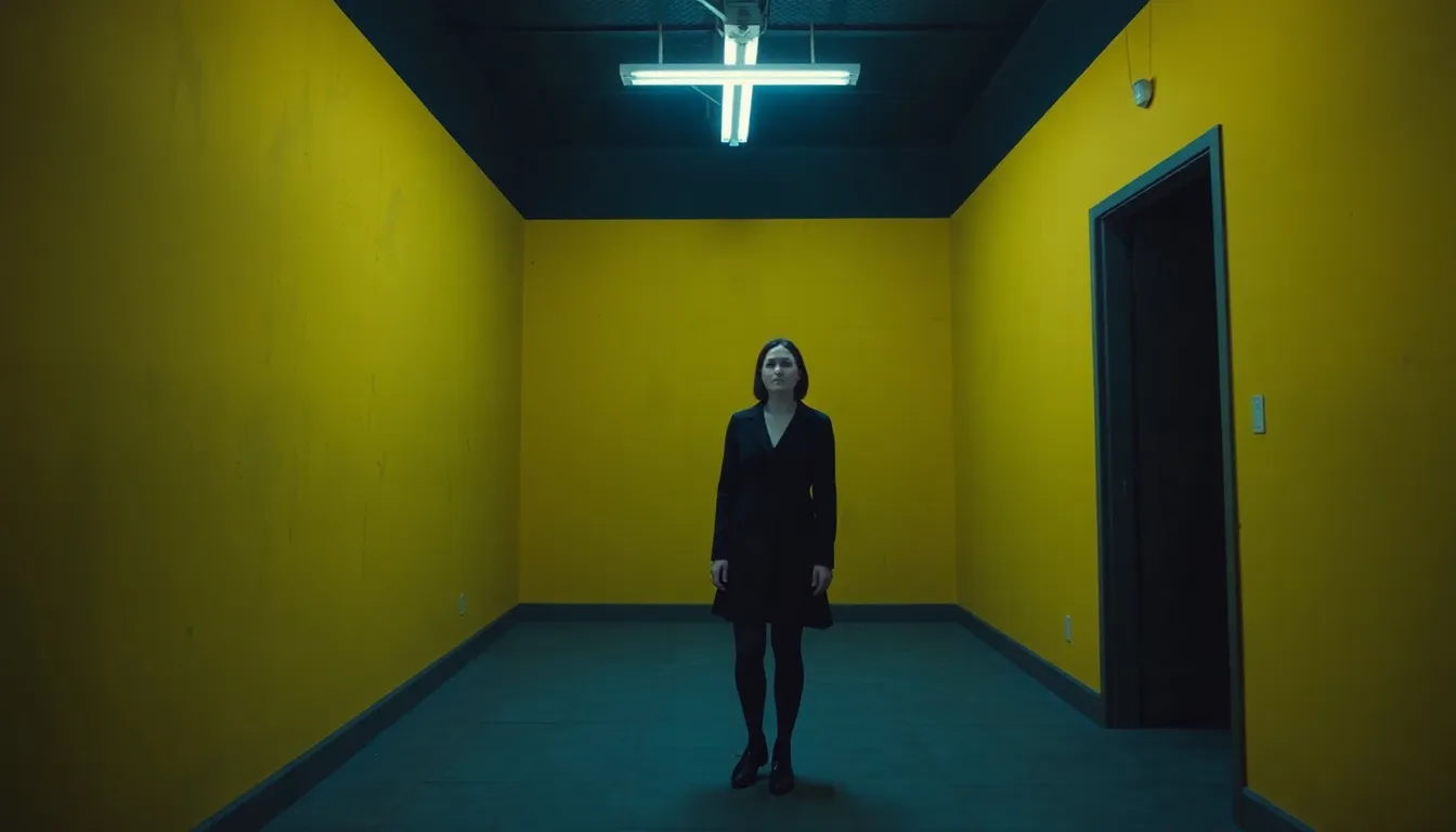 Chiwetel Ejiofor and Renate Reinsve stand in a dimly lit, surreal room with yellow walls and flickering fluorescent lights, embodying the eerie atmosphere of the Backrooms as they navigate the unsettling space.