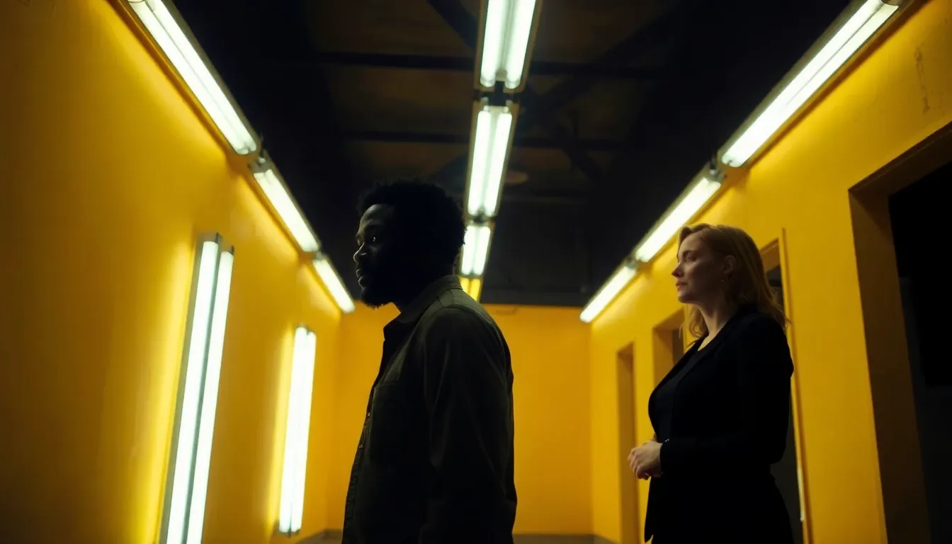 A hauntingly surreal scene captures an endless maze of yellowtinted office spaces, evoking feelings of disorientation and unease