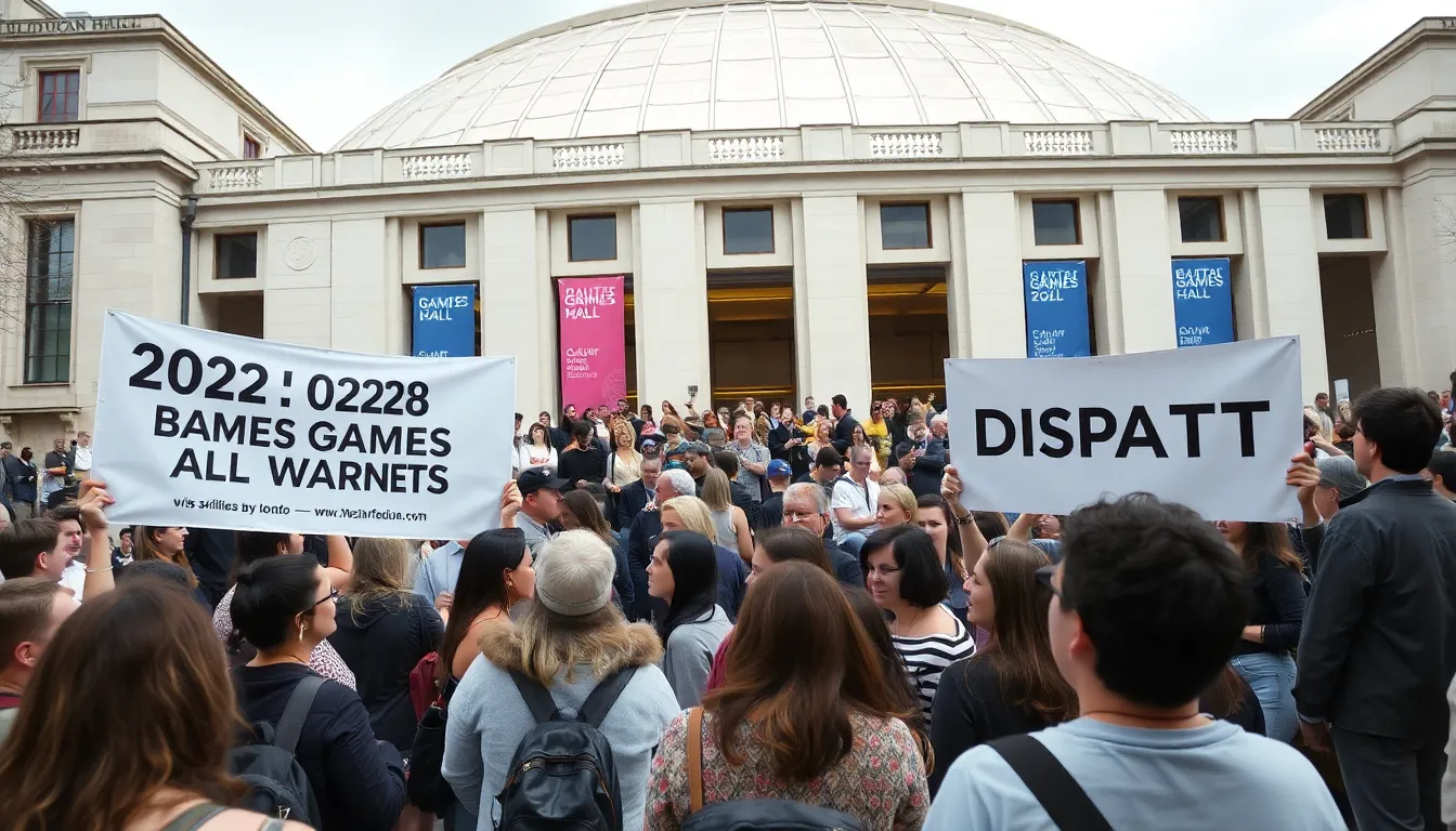 A crowd gathers outside the Royal Festival Hall in London, eagerly discussing the nominations for the Bafta Games Awards 2026, with banners showcasing Clair Obscur and Dispatch prominently displayed.