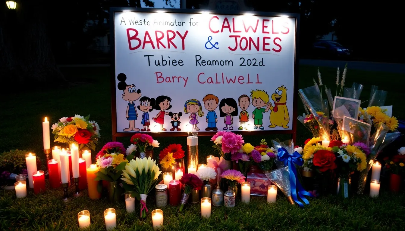 A group of animated characters from 'Animaniacs' and 'Osmosis Jones' are displayed on a colorful tribute board, surrounded by candles and flowers in memory of animator Barry Caldwell.