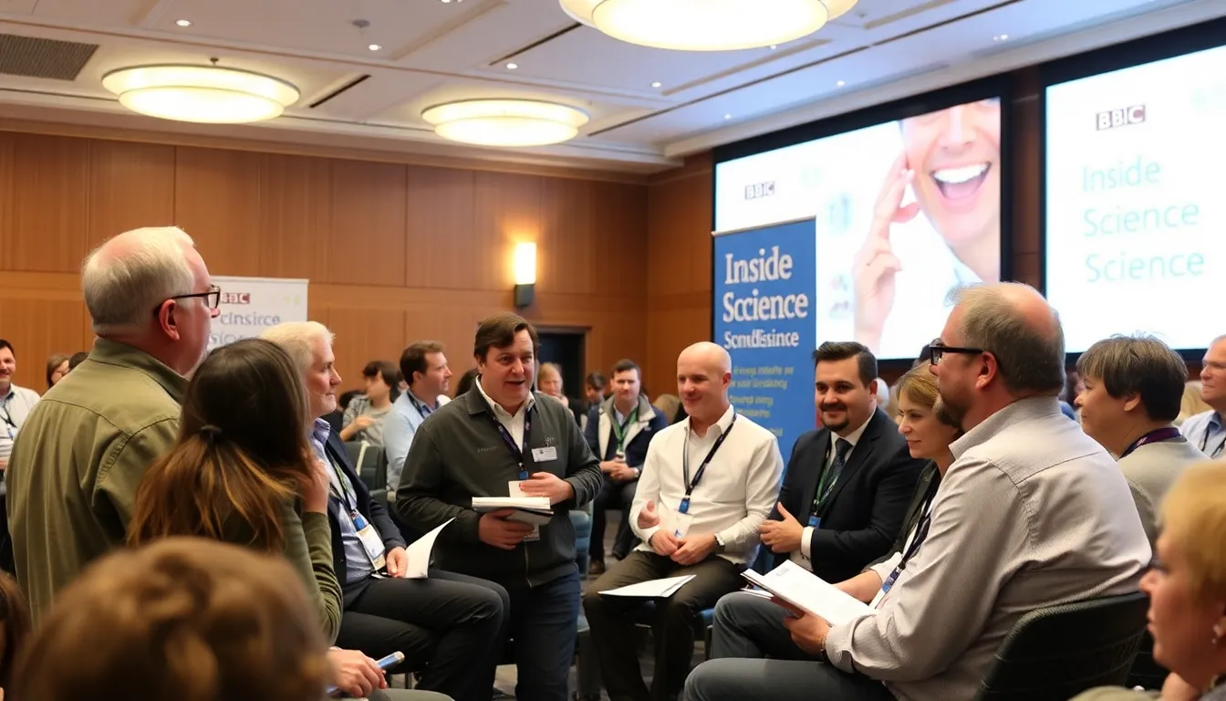 A group of scientists engages in a lively discussion during a BBC Inside Science event, highlighting the importance of effective science communication in addressing contemporary issues like climate change and public health.