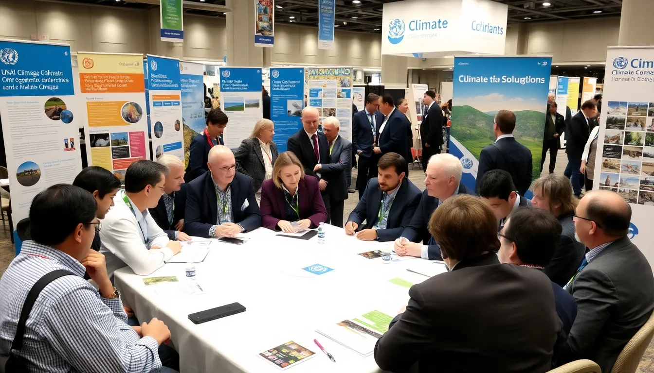 A group of scientists and policymakers engage in discussions at the UN Climate Change Conference, focusing on solutions to combat climate change.