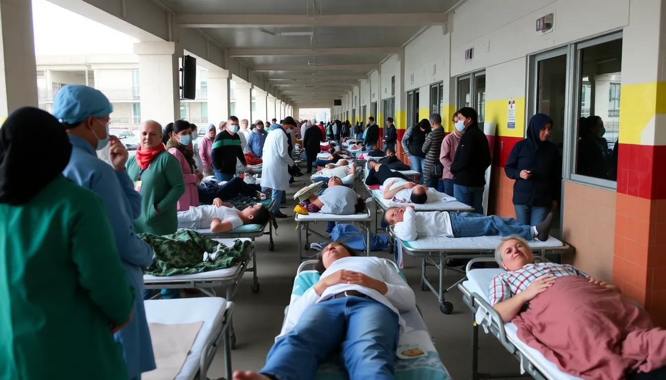 Patients lie on stretchers in a crowded A&E corridor, with healthcare staff attending to those waiting for urgent medical care.