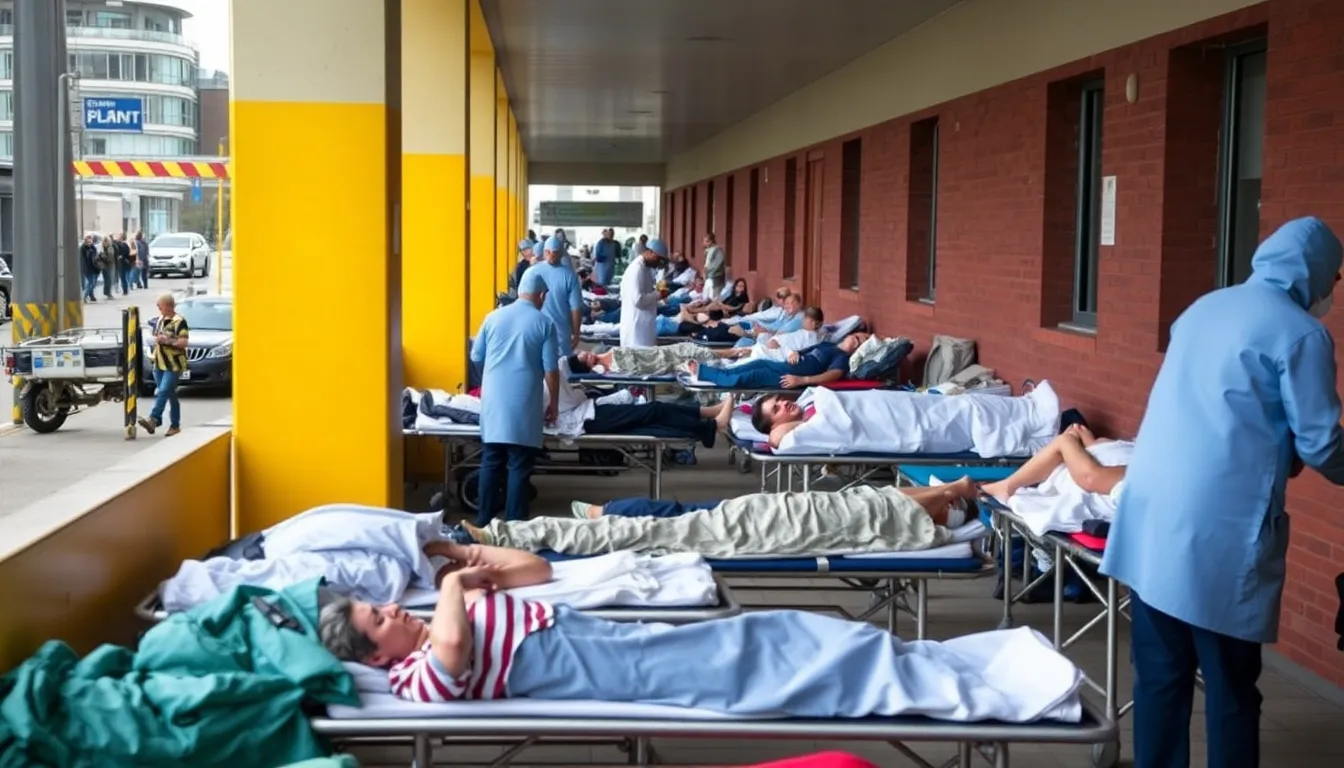Healthcare professionals attending to patients in a busy A&E department, illustrating the intense pressure they face