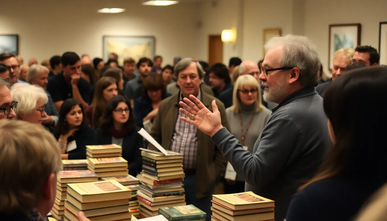 Benjamin Wood gestures animatedly while discussing his frustrations with John Fowles's novel The Magus during a literary event.