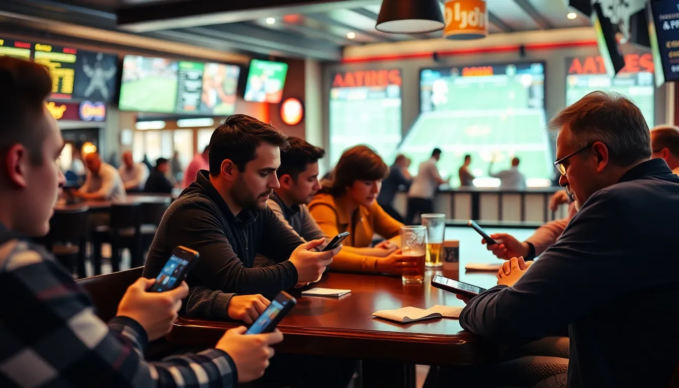 A group of people gathered around a table, intently discussing their betting strategies while looking at their smartphones during a sports event.