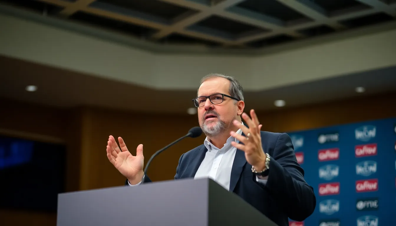 Marcelo Bielsa stands on the sidelines during a press conference, discussing his plans to improve the stability of English football amidst recent controversies.