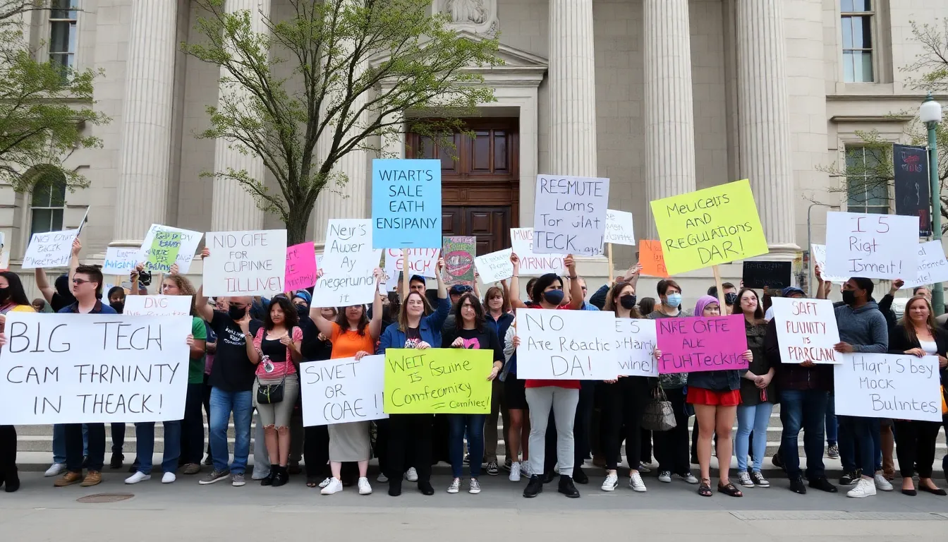 Protesters gather outside a government building, holding signs advocating for stricter regulations on big tech companies amid growing public concern over data privacy and corporate accountability.