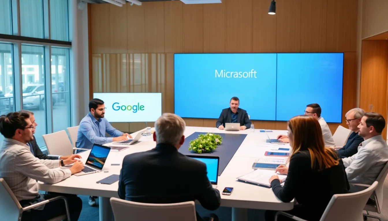 A group of technology executives from major companies, including Google and Microsoft, gather in a conference room to discuss their support for the AI startup Anthropic amid regulatory challenges posed by the Trump administration.