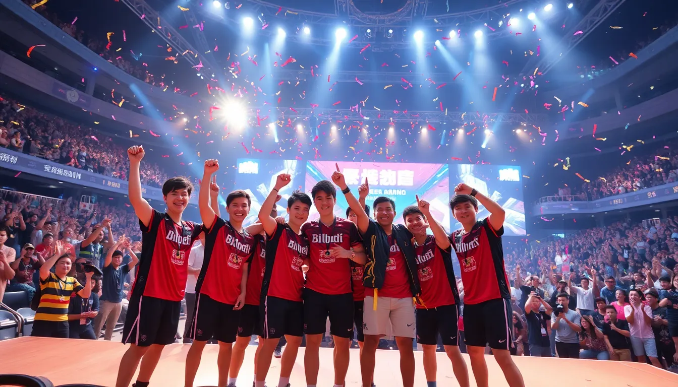 Bilibili Gaming players celebrate their victory on stage after a thrilling match at the First Stand tournament, showcasing their teamwork and strategic skills.