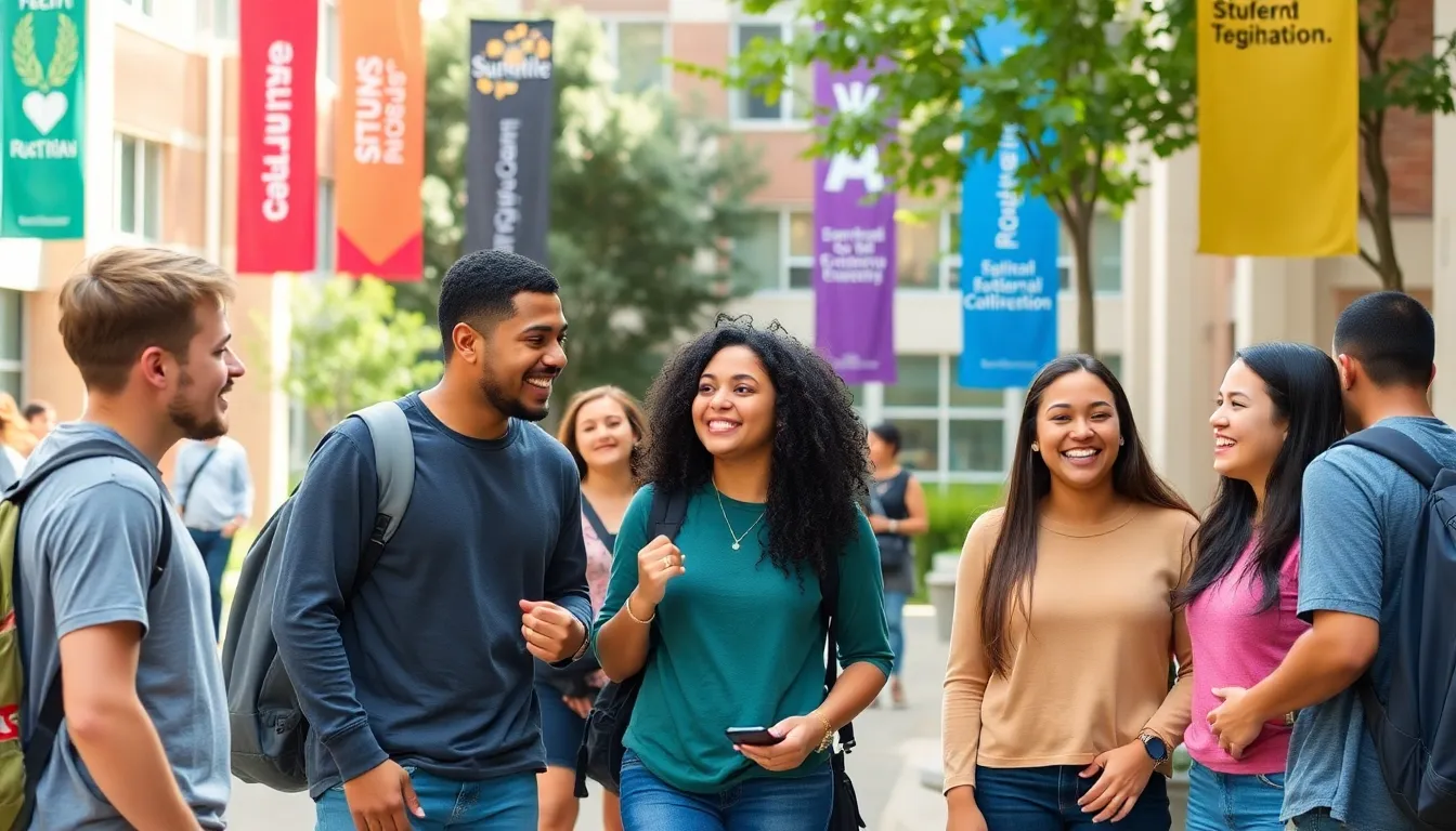 A group of university students gathers in a lively campus courtyard, laughing and discussing their experiences while surrounded by colorful banners promoting various student organizations.