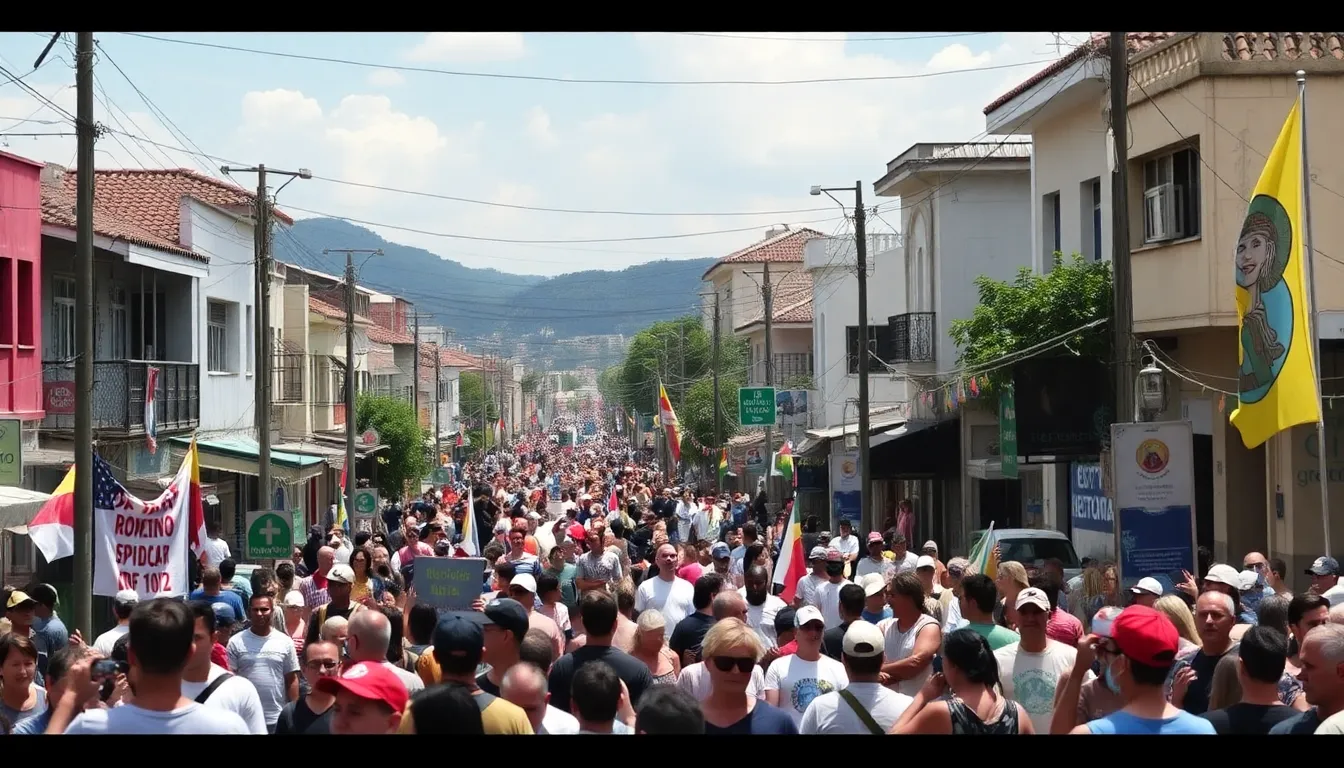 Crowds gather in Varginha to celebrate the 30th anniversary of a famous UFO encounter, with banners and decorations highlighting the town's unique place in extraterrestrial lore.