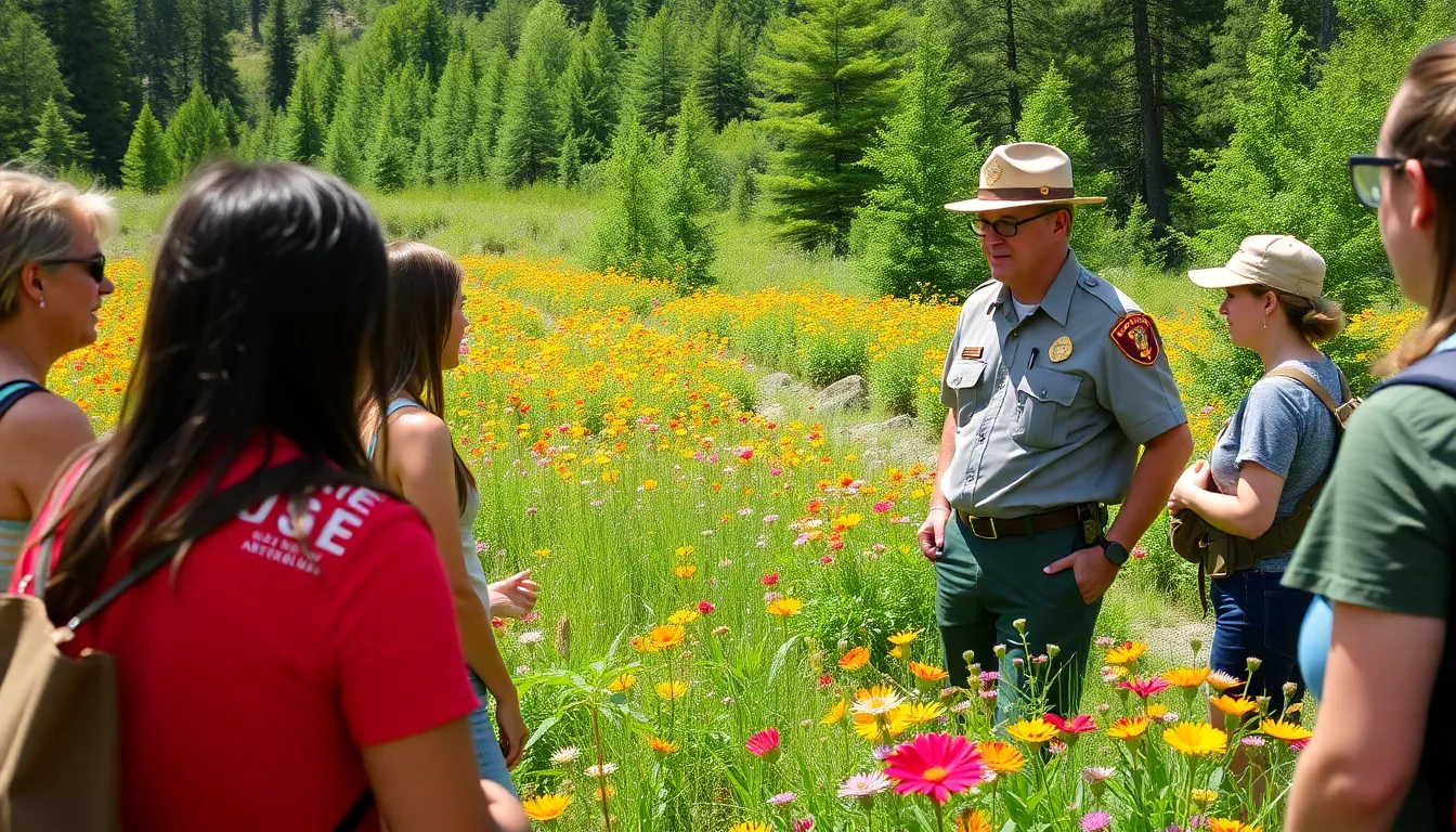 A park ranger stands amidst a lush green landscape, discussing conservation efforts with a group of visitors while vibrant wildflowers bloom nearby.
