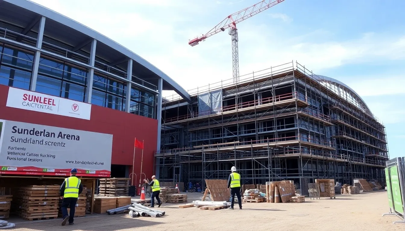Construction workers are seen at the Sunderland Arena site, where a modern structure is taking shape to serve as a major venue for esports events in the UK.