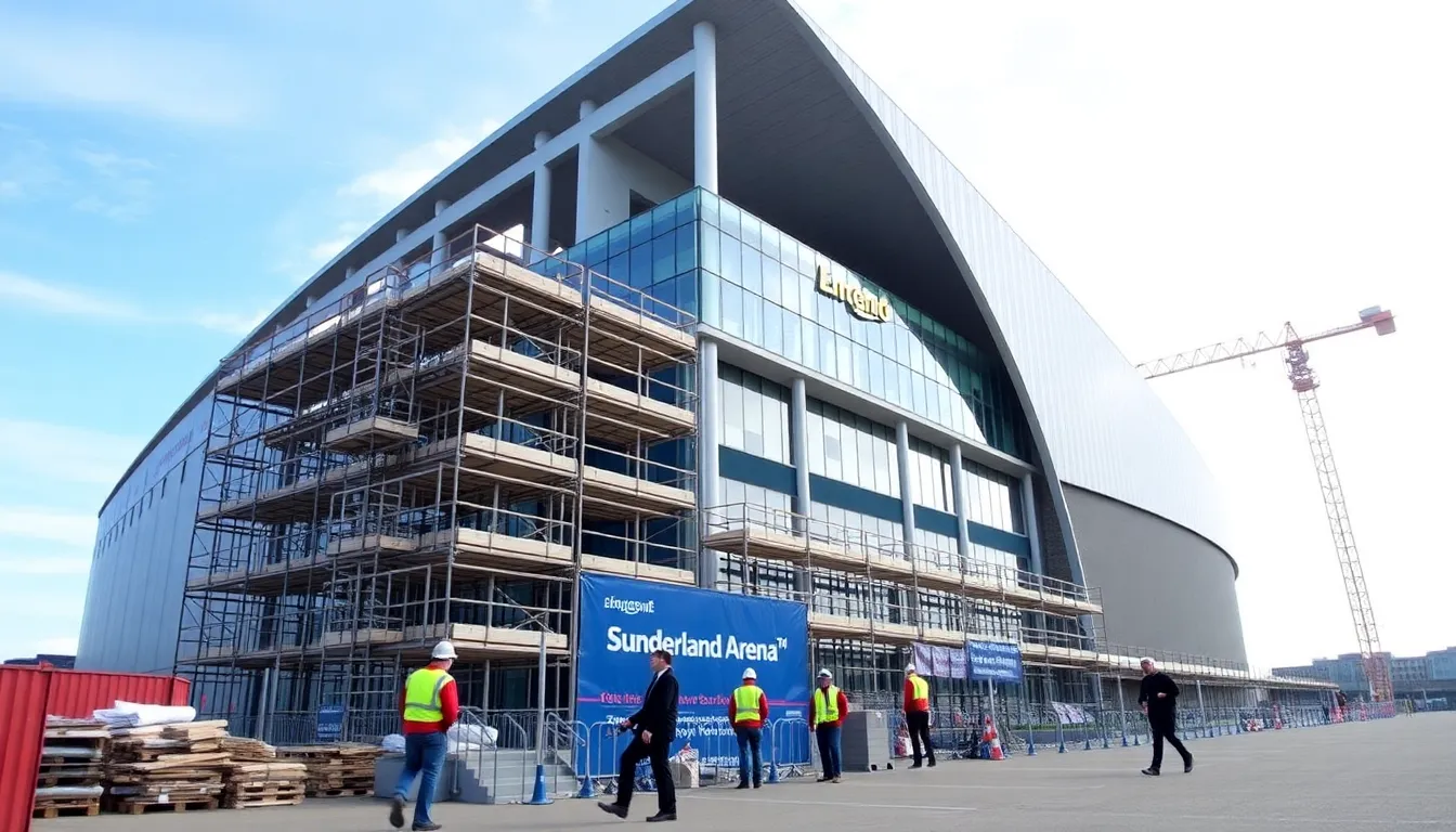 Construction workers engaged in building the Sunderland Arena, highlighting the progress of this significant project