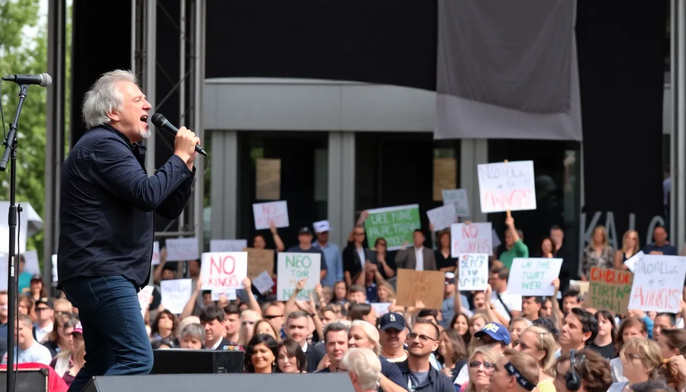 Bruce Springsteen passionately performs on stage at the No Kings Rally in St. Paul, surrounded by a diverse crowd of activists and community leaders advocating for social justice and equality.