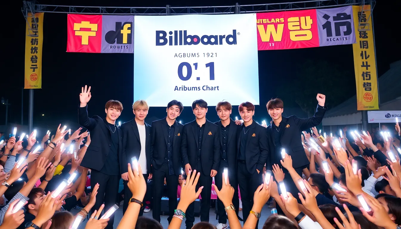 BTS members celebrate their historic achievement of debuting at No. 1 on the Billboard Albums Chart with their latest album Arirang, surrounded by enthusiastic fans waving light sticks at a vibrant release event.