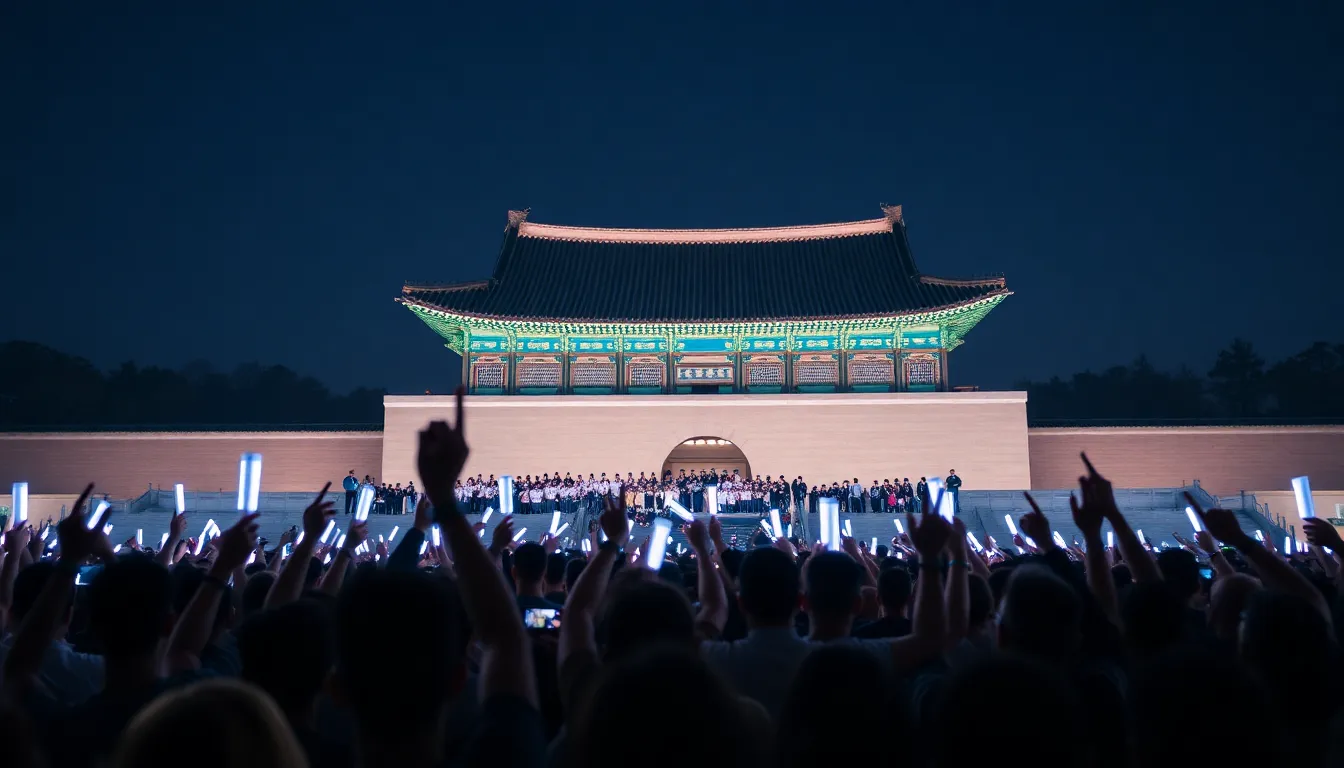 Fans gather in front of Gyeongbokgung Palace, waving light sticks and cheering as BTS performs during their highly anticipated comeback concert in Seoul.