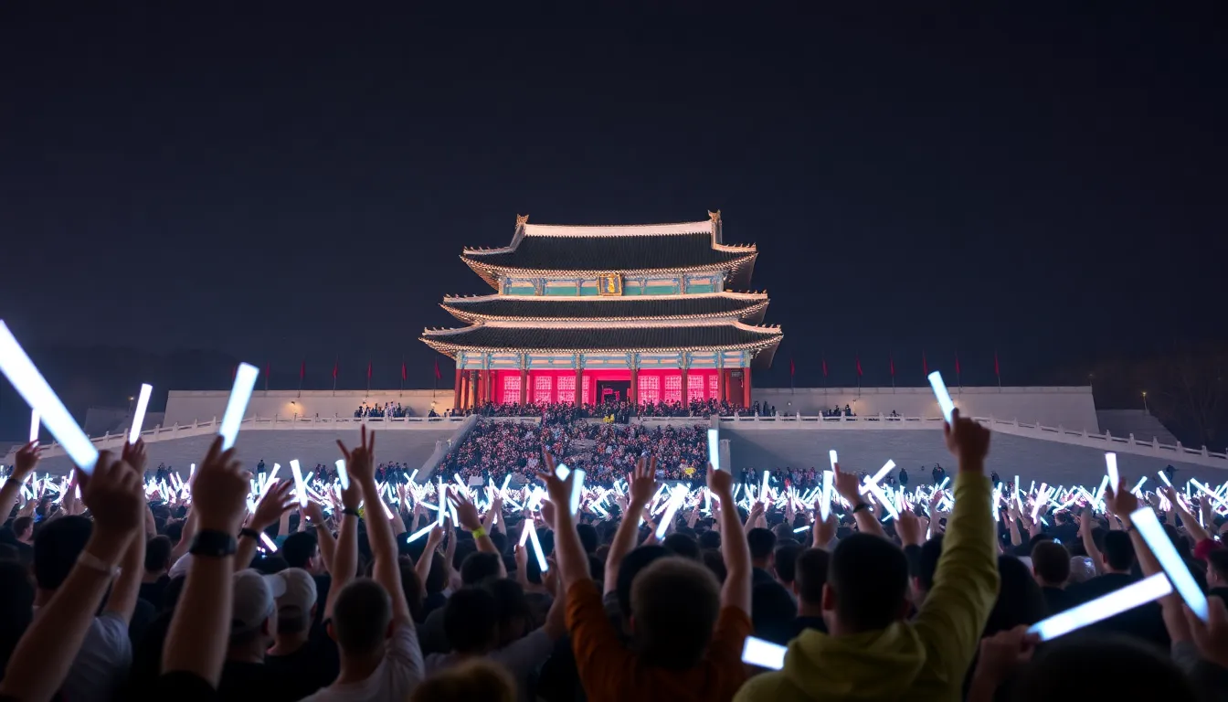 BTS captivates the audience with their powerful performance, showcasing a blend of classic hits and new tracks against the stunning backdrop of the historic venue