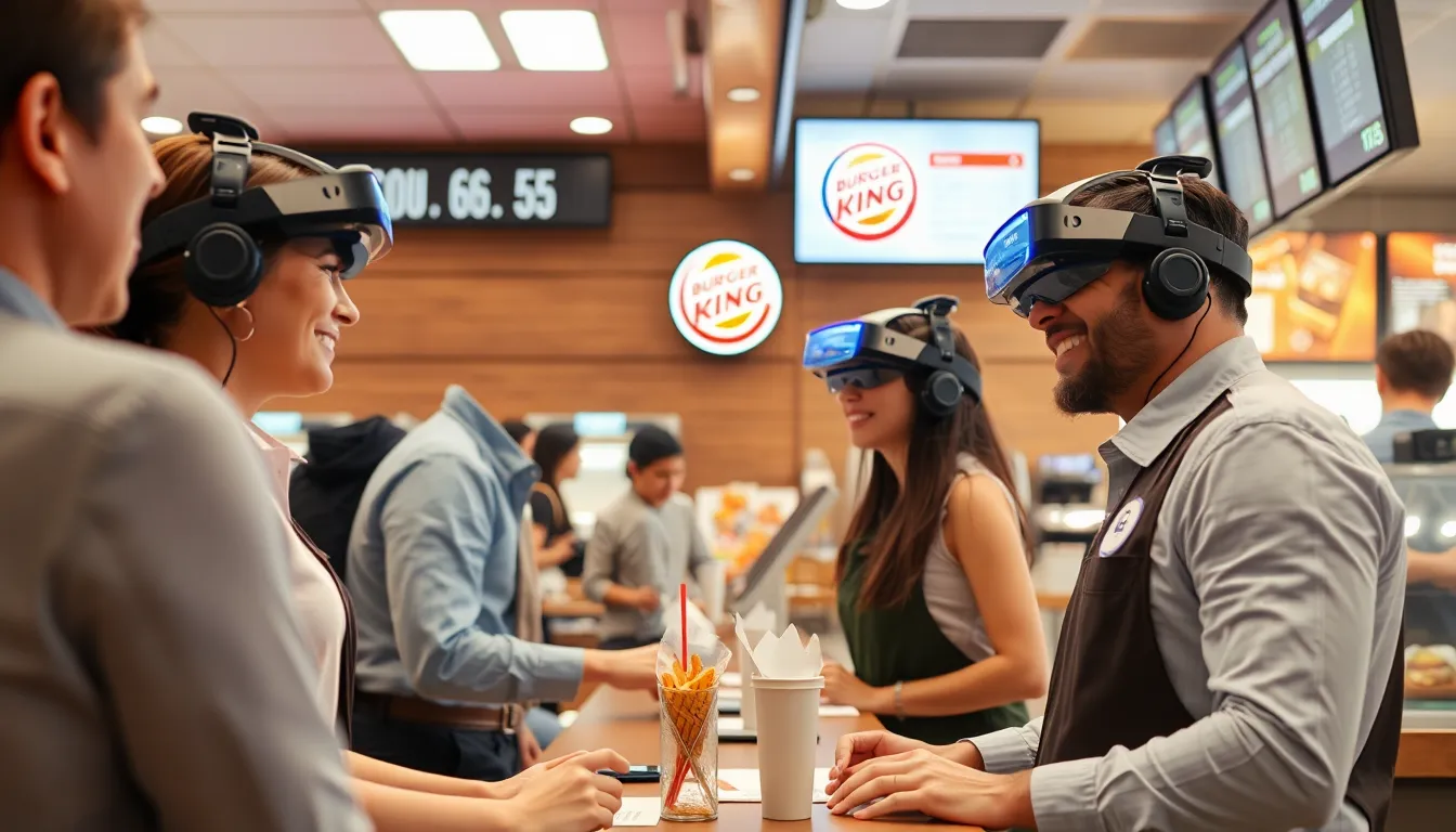 A Burger King employee adjusting their demeanor based on feedback from the AI headset during a busy lunch hour