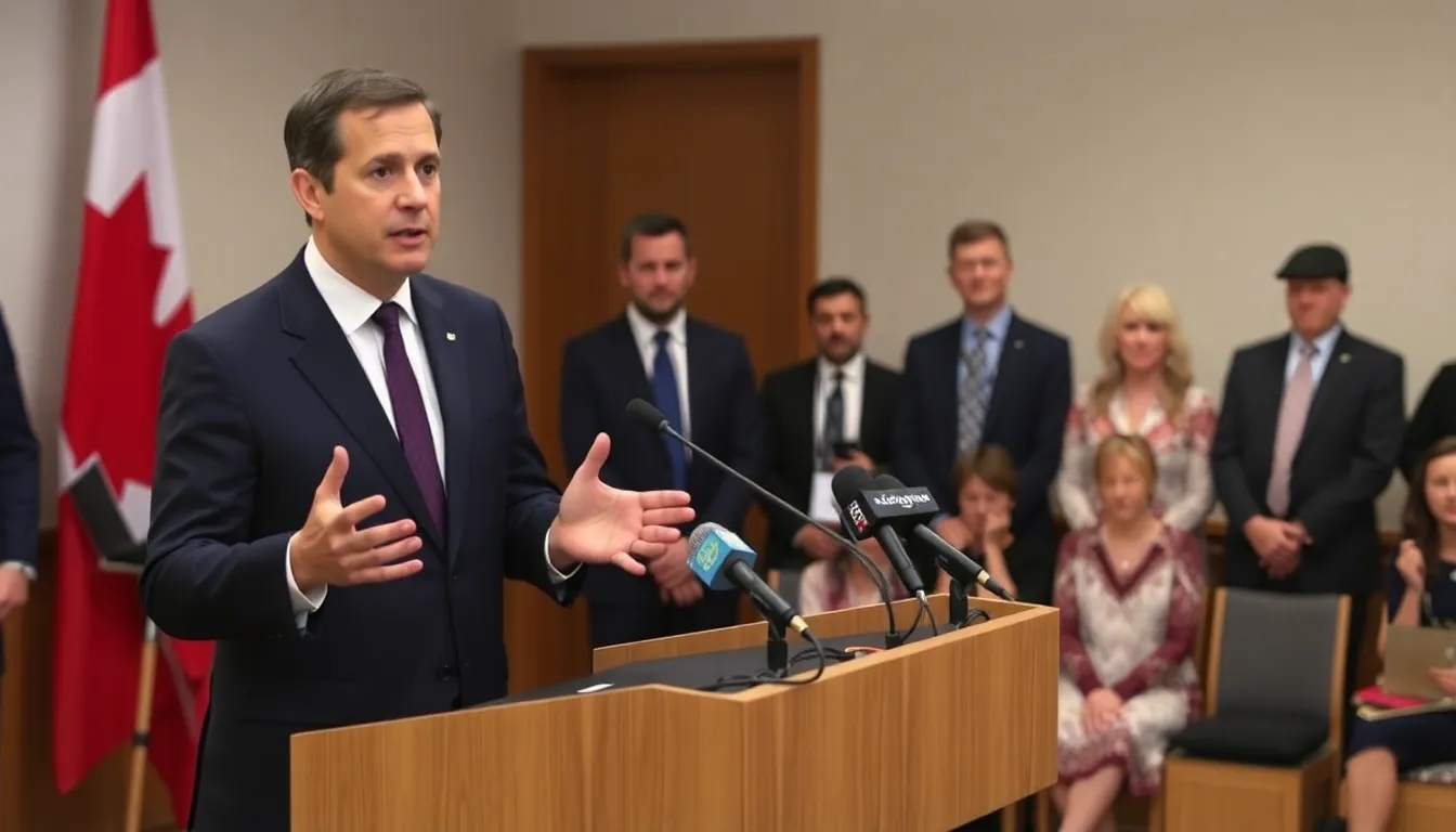 Canadian Prime Minister Mark Carney speaks at a podium during a press conference, addressing the need for reform in the royal succession amid ongoing controversies surrounding Prince Andrew.
