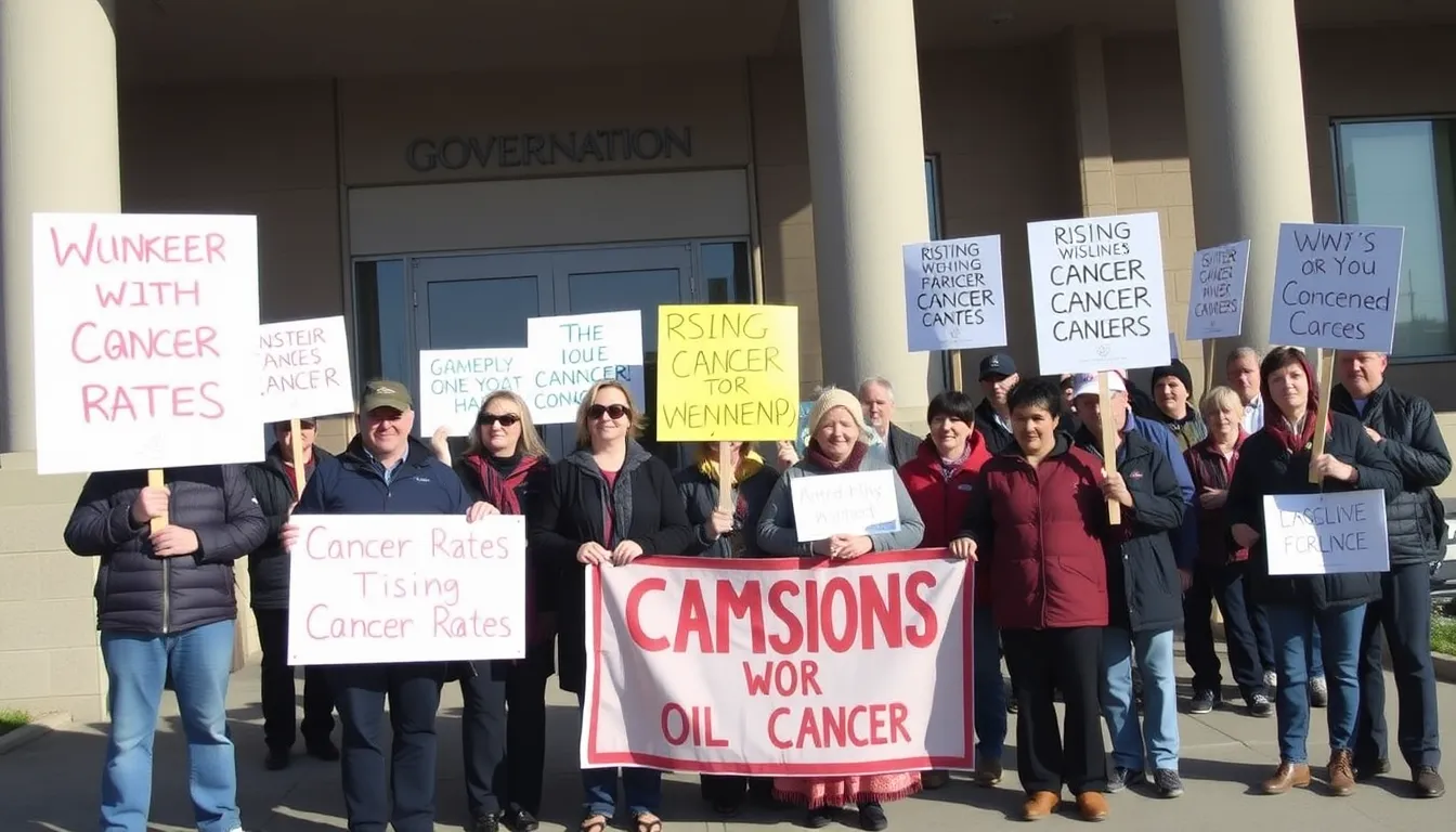 A group of concerned residents and environmental activists gather outside a government building, holding signs and banners to protest against the rising cancer rates linked to oil sands operations in their community.