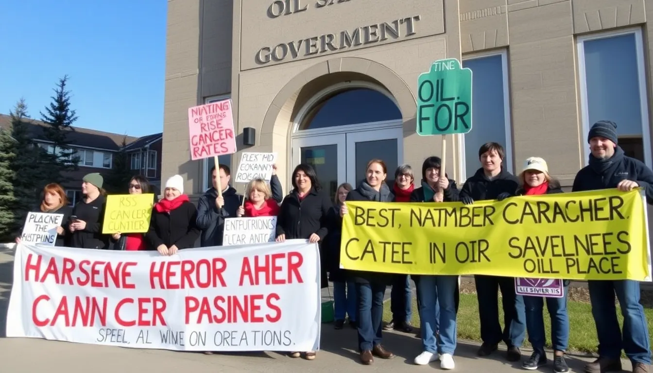 A protest organized by local environmental groups calls for greater transparency and stricter regulations on emissions from oil sands facilities