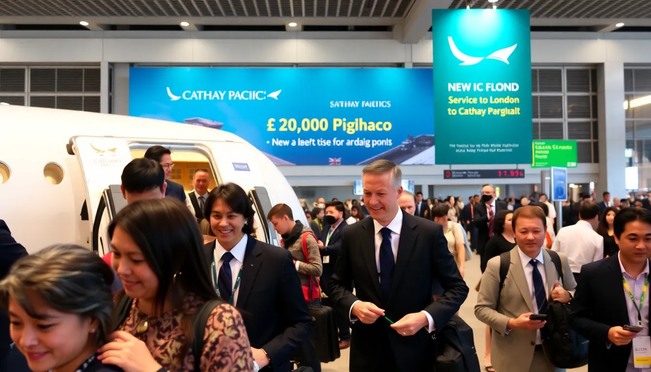 Passengers board a luxurious Cathay Pacific flight at Sydney Airport, with a banner announcing the new £20,000 service to London amidst ongoing Gulf travel disruptions.