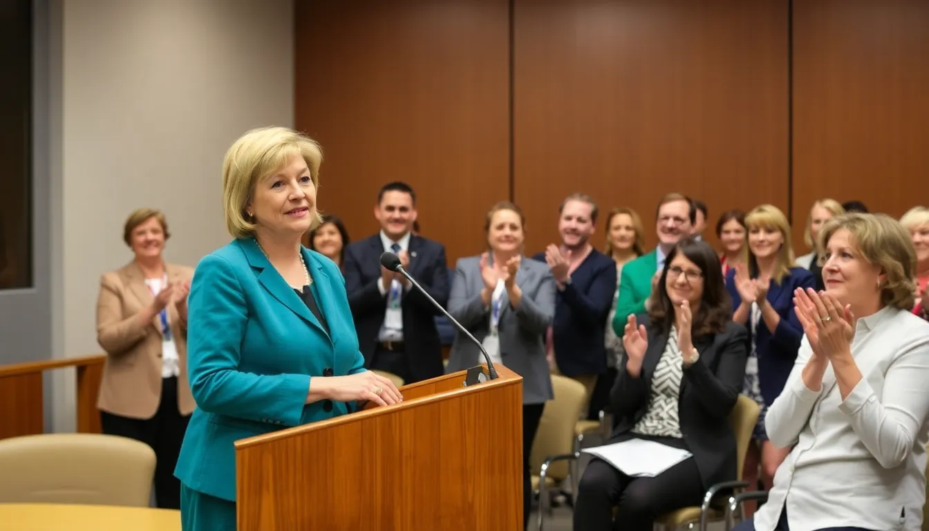 Dr. Mary Wakefield stands at a podium addressing C.D.C. staff, who are applauding her appointment as the new acting director amidst a backdrop of hopeful expressions and supportive gestures.